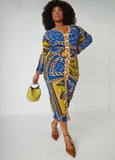 Royal Blue Mixed Print Bodycon Midi Dress