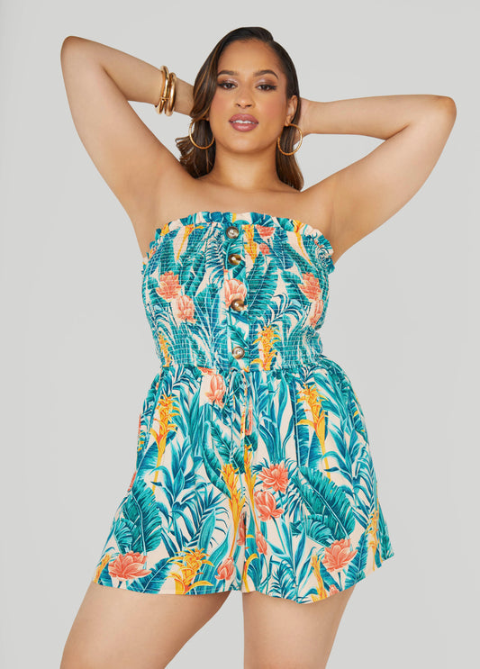 Plus Size Strapless Tropical Print Romper