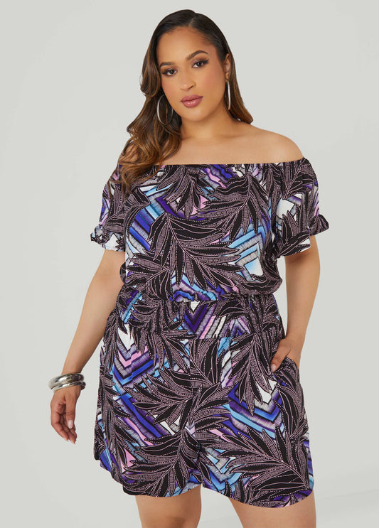 Plus Size Off The Shoulder Geo Print Romper