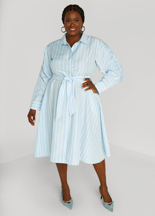 Plus Size Striped Drawstring Midi Shirtdress