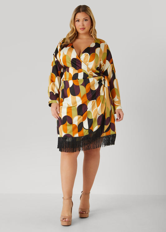 Plus Size Fringed Printed Satin Wrap Dress