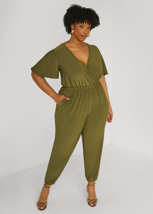 Plus Size Faux Wrap Stretch Knit Jumpsuit