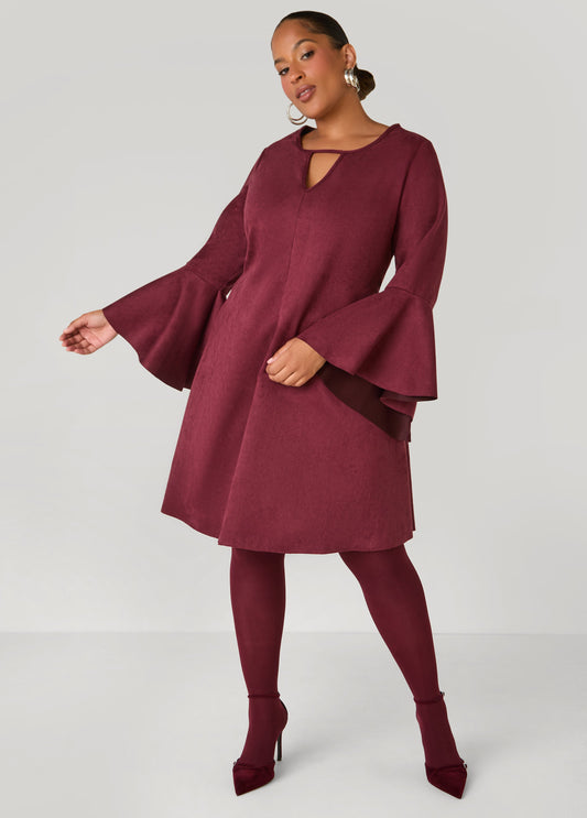 Plus Size Bell Sleeved Faux Suede Dress