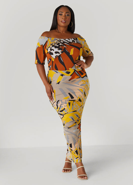 Plus Size Off The Shoulder Printed Maxi Dress