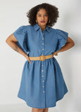 Plus Size Belted A Line Chambray Dress