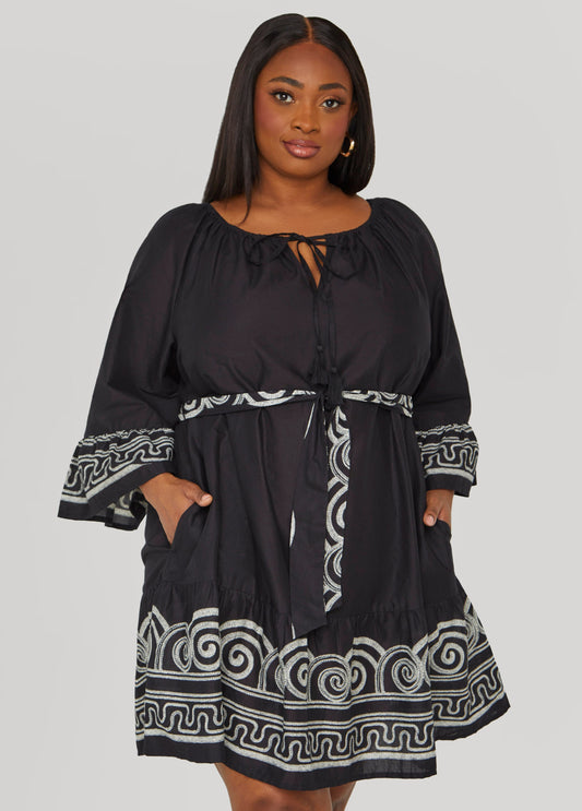 Plus Size Scroll Print Cotton Swing Dress