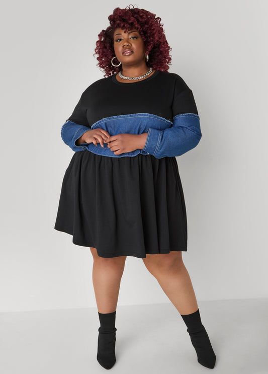 Plus Size Cotton Dress Black Terry Fit Flare Dress Athleisure Dress