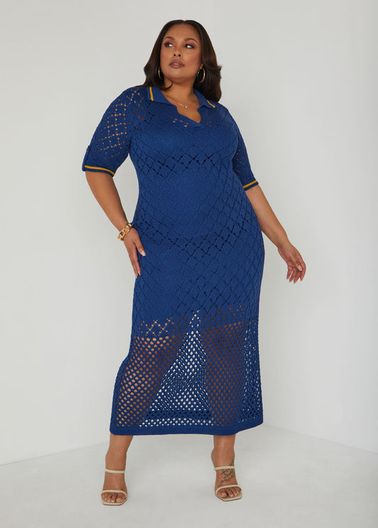 Plus Size Pointelle Knit Polo Maxi Dress