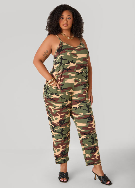 Plus Size Camo Print Jersey Jumpsuit