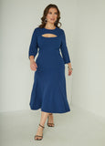 Navy Fit and Flare Midi Dress with Cutout Detail