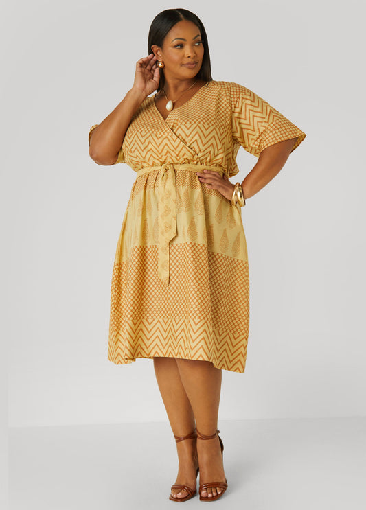 Plus Size Printed Cotton Faux Wrap Dress