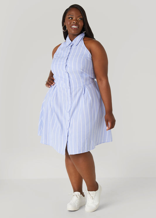 Plus Size Striped Oxford Halter Dress