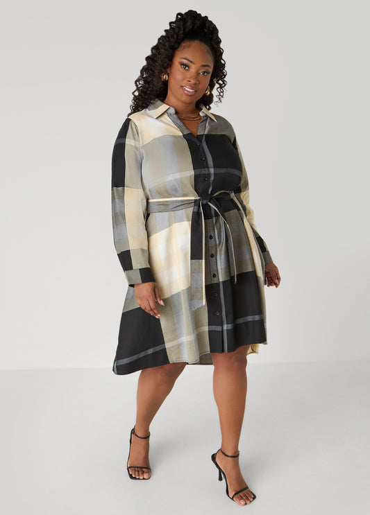Plus Size Plaid Shirtdress Plus Size Cotton High Low Fit Flare Dress