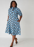 Geometric Colorblock Shirtdress with Tie Neck