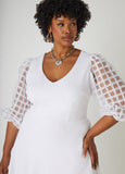 White V-Neck Fit and Flare Mini Dress with Puff Sleeves
