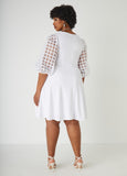 White V-Neck Fit and Flare Mini Dress with Puff Sleeves