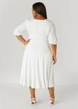 White Fit and Flare Midi Dress with Elbow Sleeves
