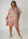 Orange Geometric Shirtdress with Ruffled Hem