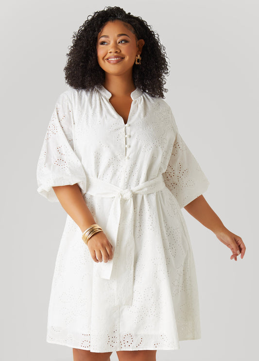 Plus Size Eyelet Cotton Puff Sleeved Dress