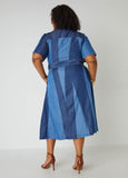 Denim Color Block Shirtdress with Tie Waist