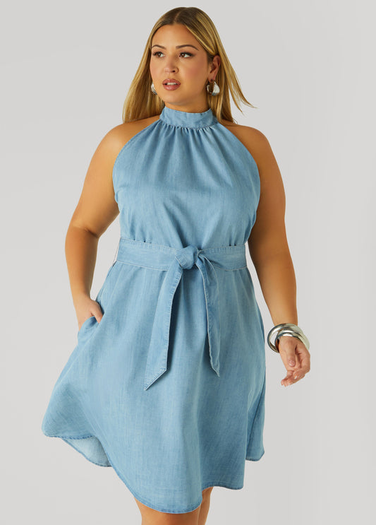 Plus Size High Collar Chambray Swing Dress