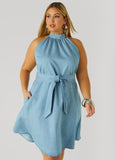 Plus Size High Collar Chambray Swing Dress