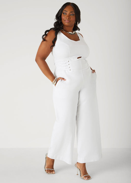 Plus Size Lace Up Denim Jumpsuit