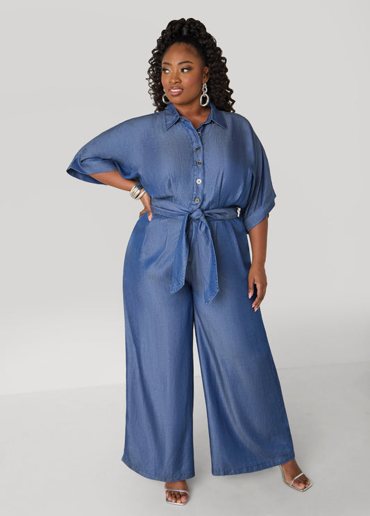 Plus Size Jean Jumpsuit Denim Jumpsuit Chambray Wide Leg Jumpsuit