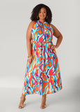 Plus Size Chain Trimmed Abstract Print Dress