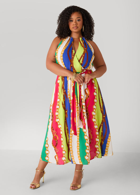 Plus Size Chain Print Chain Trimmed Dress