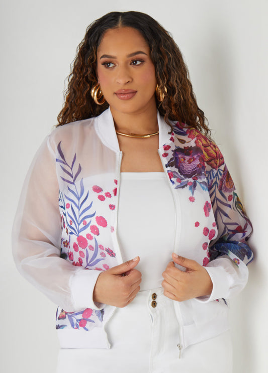 Plus Size Floral Print Bomber Jacket