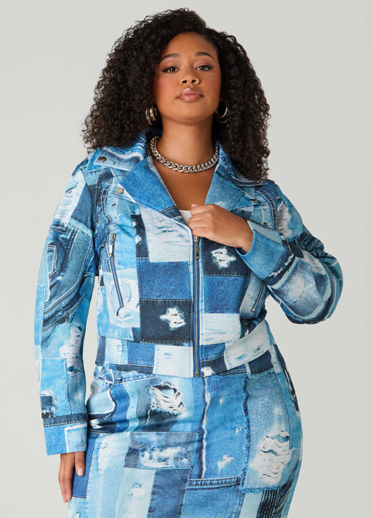 Plus Size Denim Print Moto Jacket