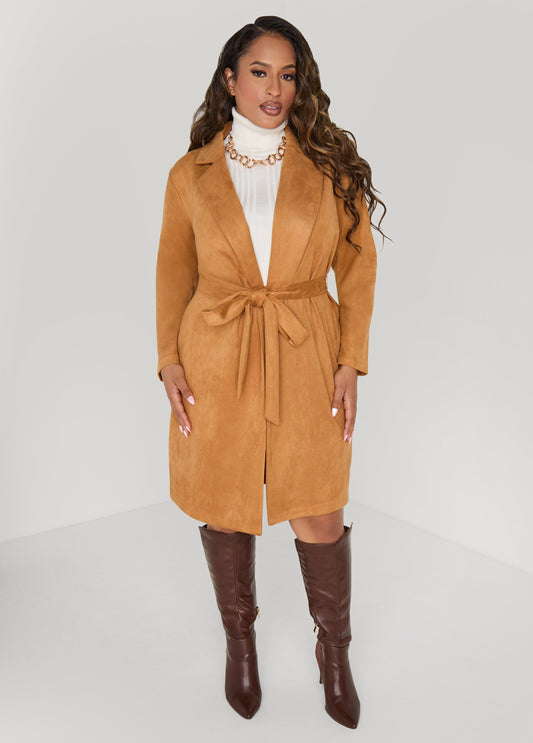 Plus Size Belted Faux Suede Jacket