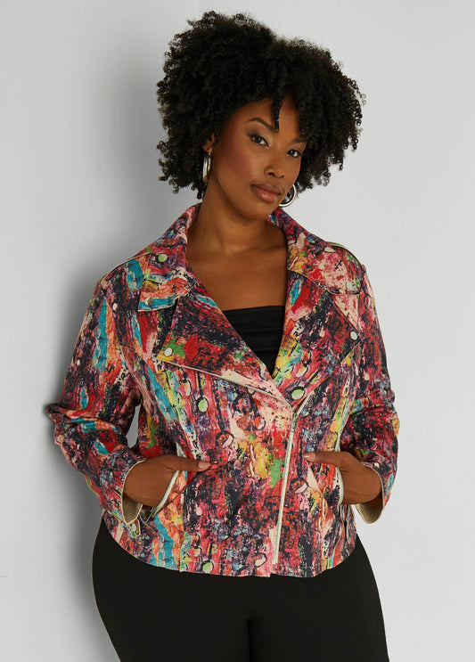 Plus Size Graffiti Print Moto Jacket
