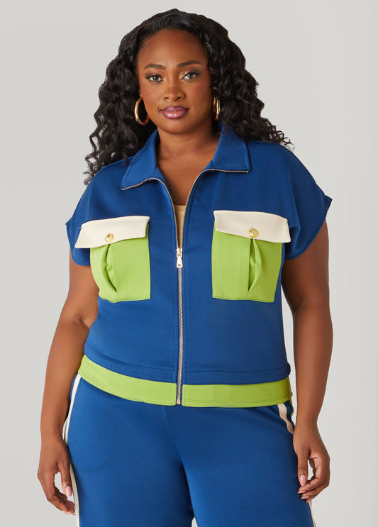 Plus Size Colorblock Zip Front Jacket