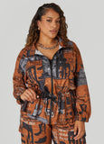 Plus Size Newspaper Print Drawstring Jacket