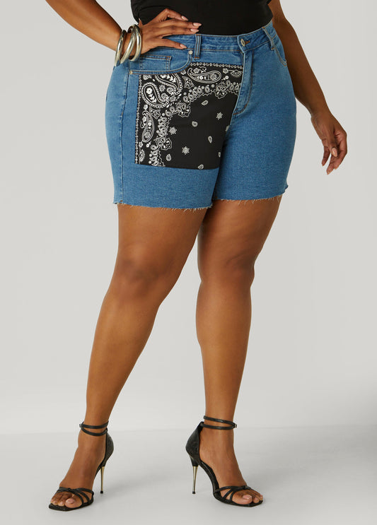 Plus Size Bandana Print Denim Shorts