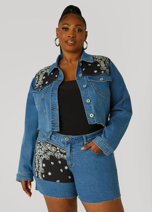 Plus Size Bandana Print Cropped Denim Jacket
