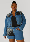 Plus Size Bandana Print Cropped Denim Jacket