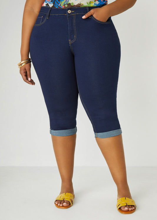 Plus Size Cuffed Mid Rise Denim Capris