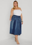 Frayed Pleated Denim Midi Skirt