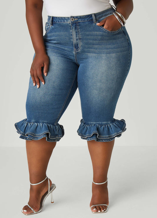 Plus Size Zipper Trimmed Denim Capris