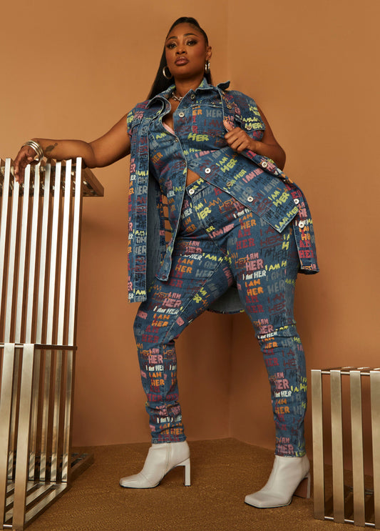 Plus Size I Am Her Print Skinny Jeans Plus Size Denim Matching Set