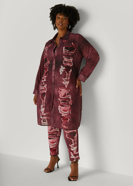 Plus Size Denim Print Duster Shirt