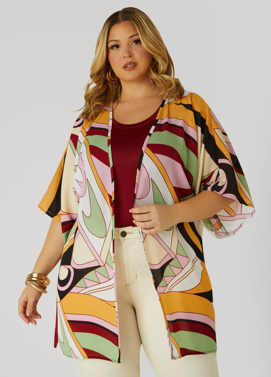 Plus Size Geo Print Open Front Kimono