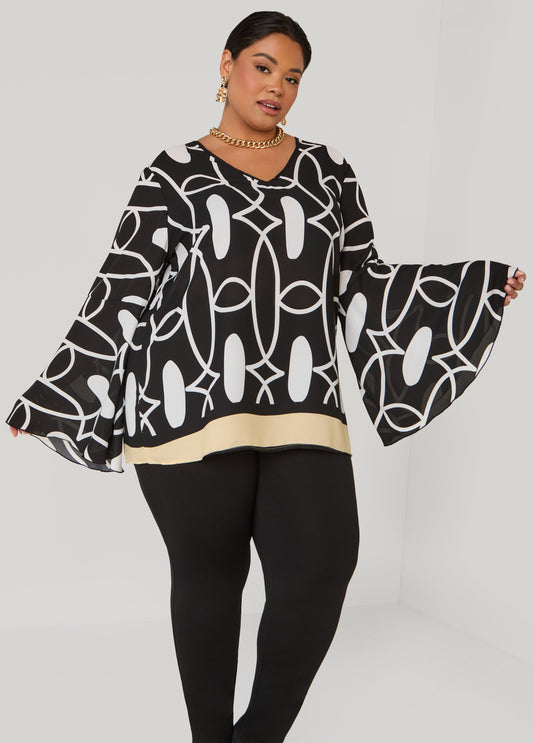 Plus Size Bell Sleeved Printed Blouse