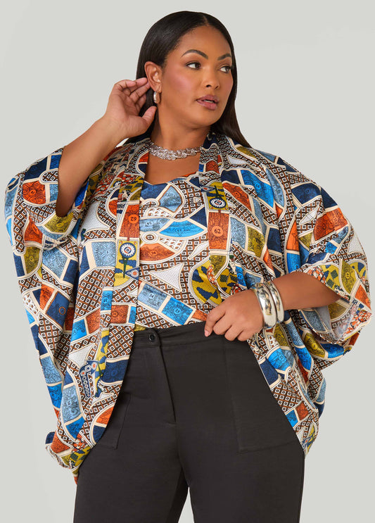 Plus Size Board Print Satin Kimono