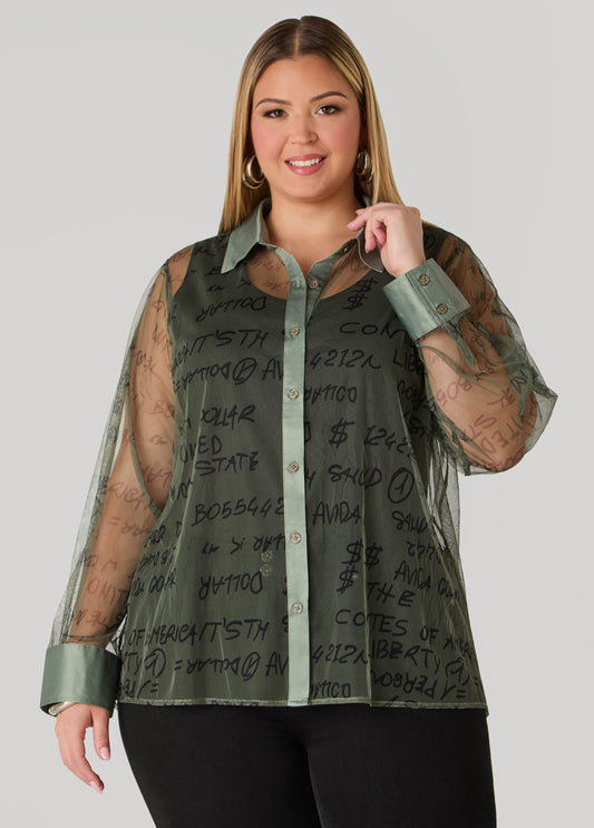 Plus Size Satin Trimmed Printed Mesh Shirt
