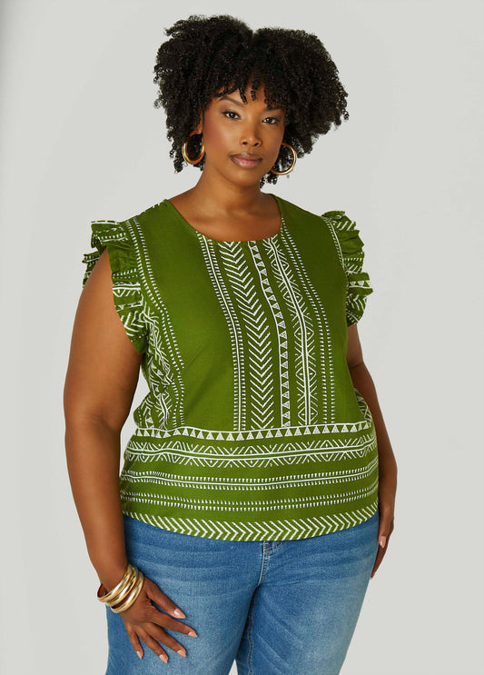 Plus Size Ruffle Trimmed Printed Cotton Top