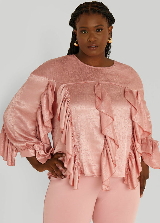 Plus Size Ruffled Textured Satin Blouse